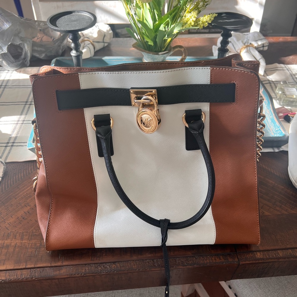 MICHAEL KORS Hamilton Center Stripe Large Leather Tote Brown White Black Gold